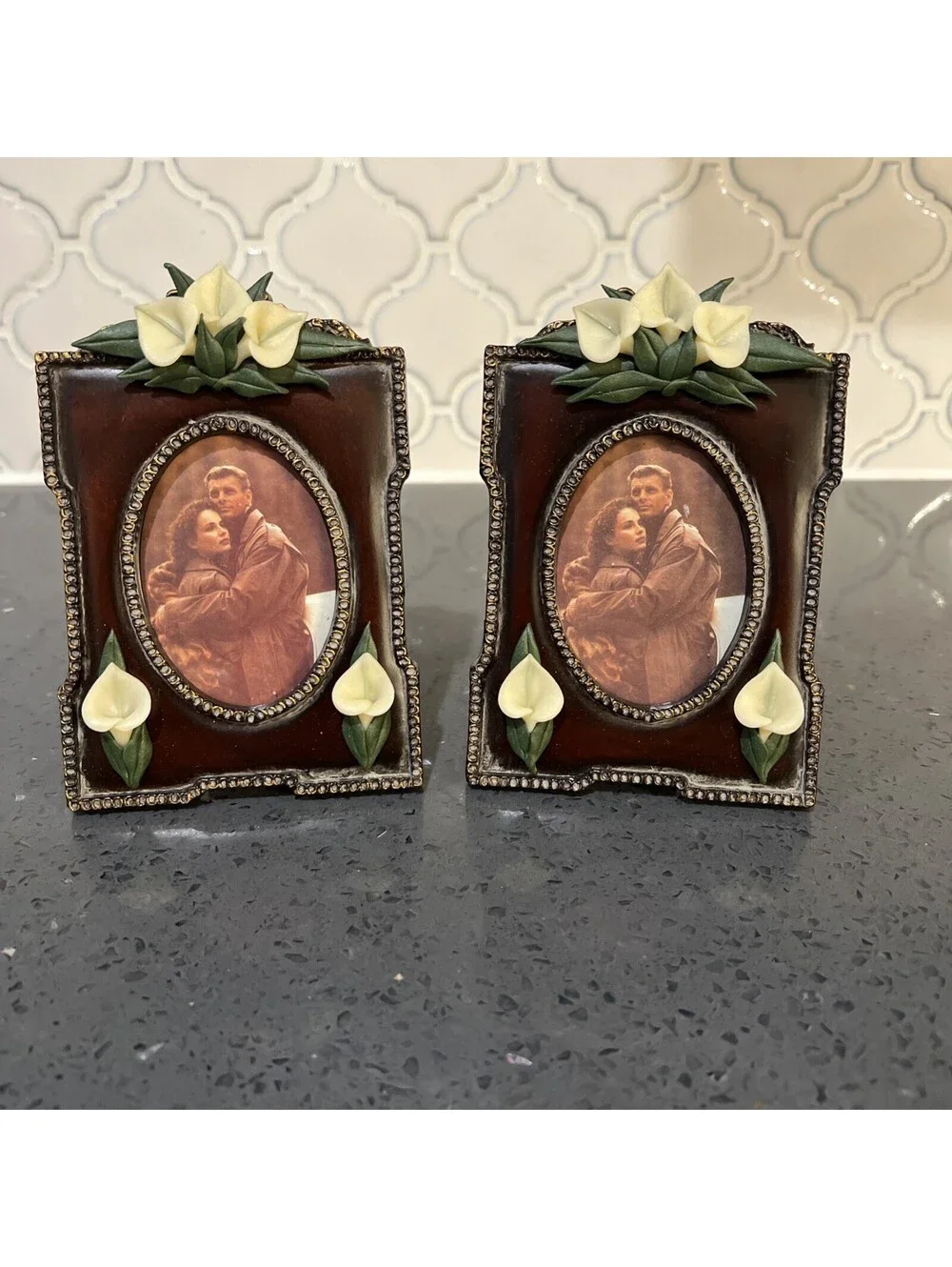 2 Brown And Gold Ornate Resin Picture Frames With Lilly Floral Detail